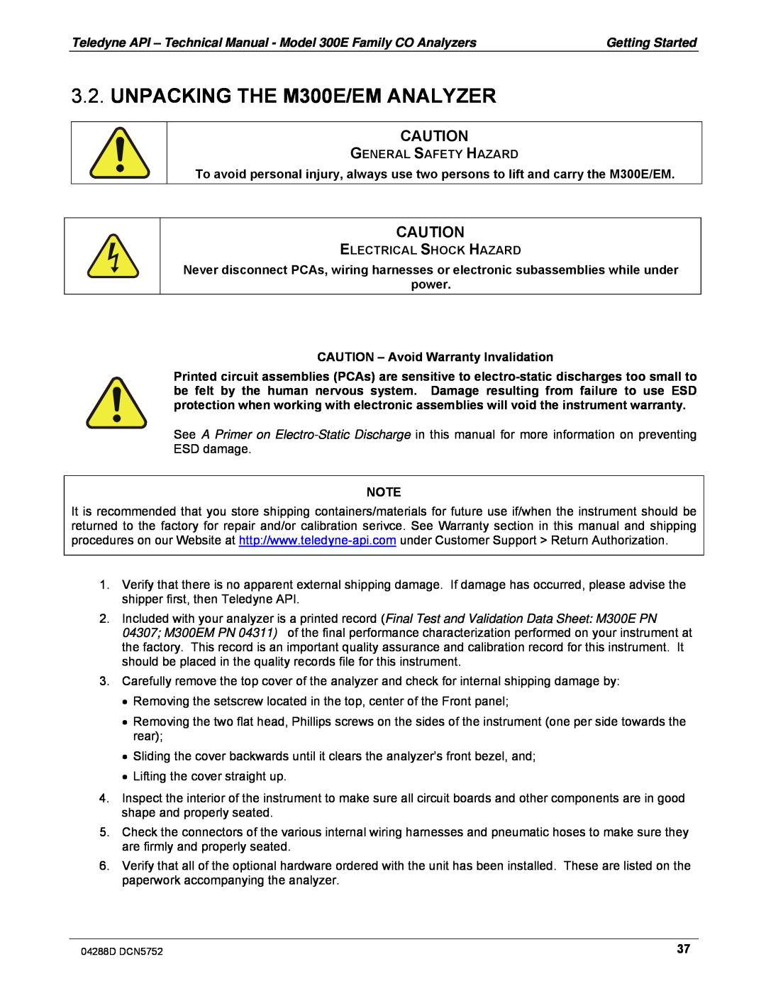 Teledyne M300EM operation manual UNPACKING THE M300E/EM ANALYZER, General Safety Hazard, Electrical Shock Hazard 