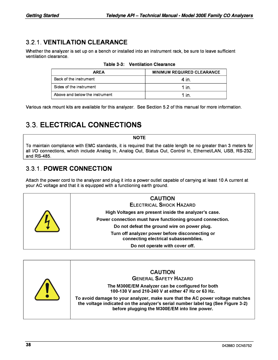 Teledyne M300EM Electrical Connections, Power Connection, 3:Ventilation Clearance, Electrical Shock Hazard 