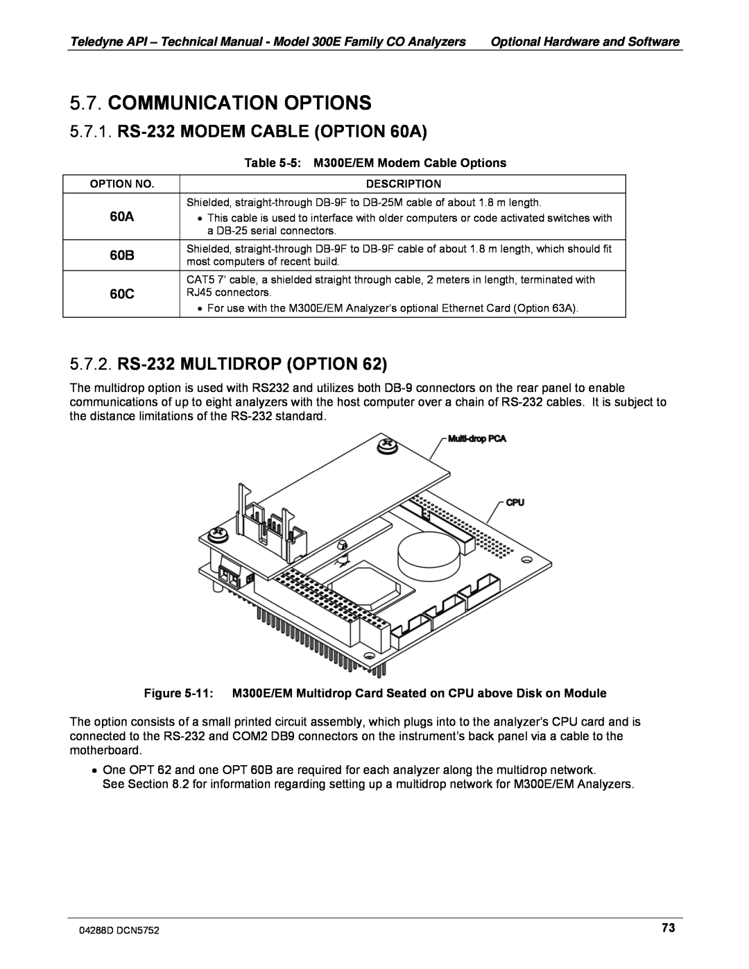 Teledyne M300EM operation manual Communication Options, 5.7.1.RS-232MODEM CABLE OPTION 60A, 5.7.2.RS-232MULTIDROP OPTION 