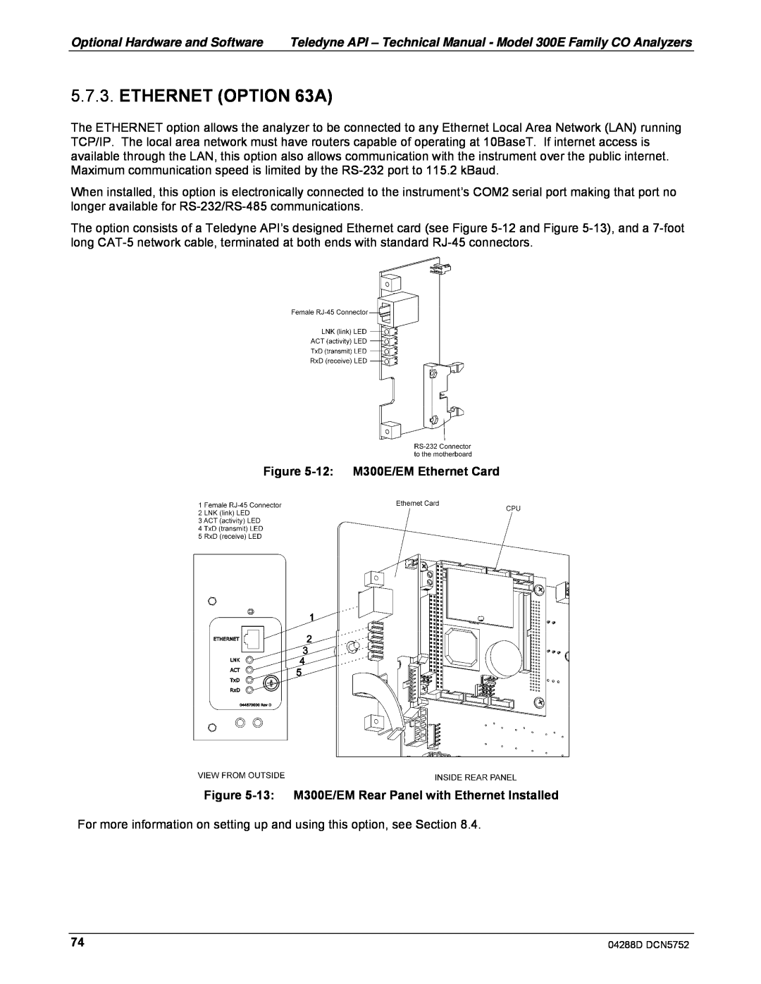 Teledyne M300EM operation manual ETHERNET OPTION 63A, 12:M300E/EM Ethernet Card 