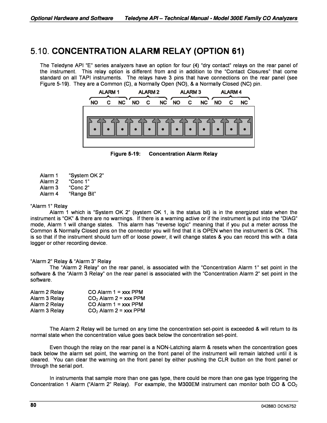 Teledyne M300EM operation manual Concentration Alarm Relay Option, 19:Concentration Alarm Relay 