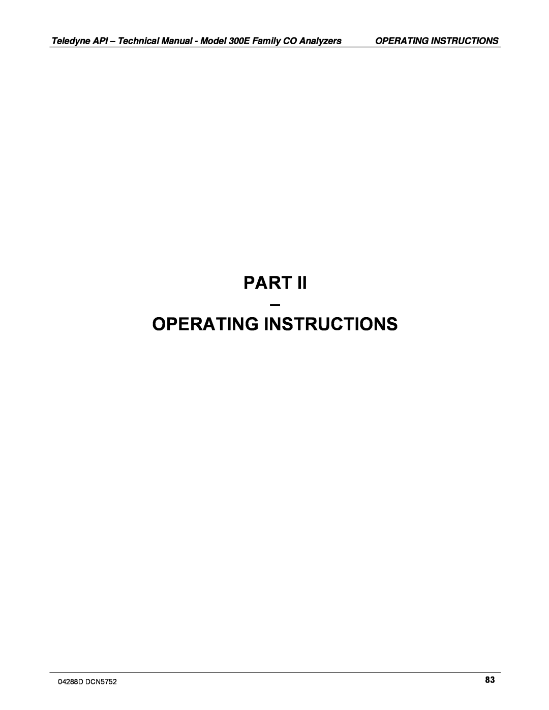 Teledyne M300EM operation manual Part – Operating Instructions 