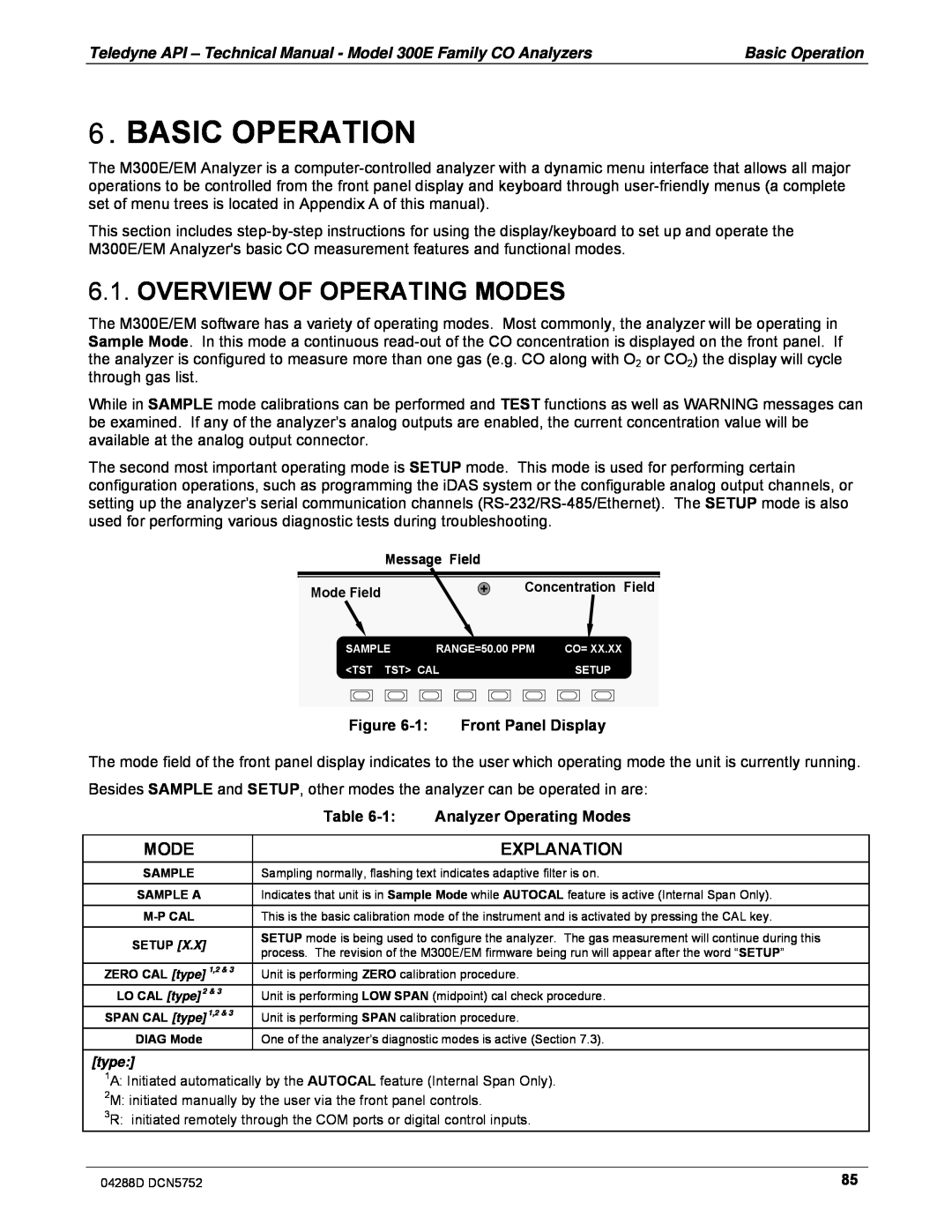 Teledyne M300EM operation manual Basic Operation, Overview Of Operating Modes, Explanation, 1:Front Panel Display 