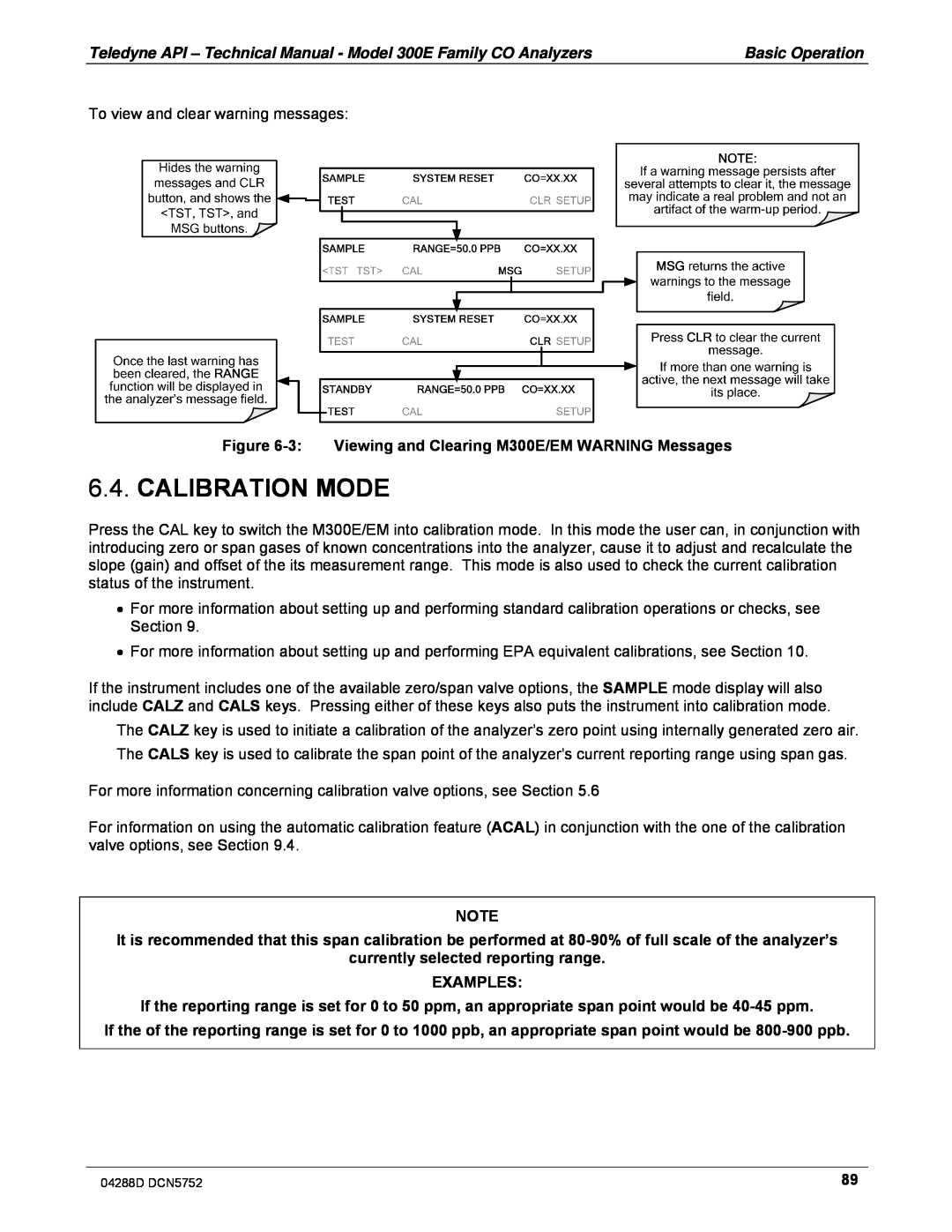 Teledyne M300EM operation manual Calibration Mode, currently selected reporting range EXAMPLES 
