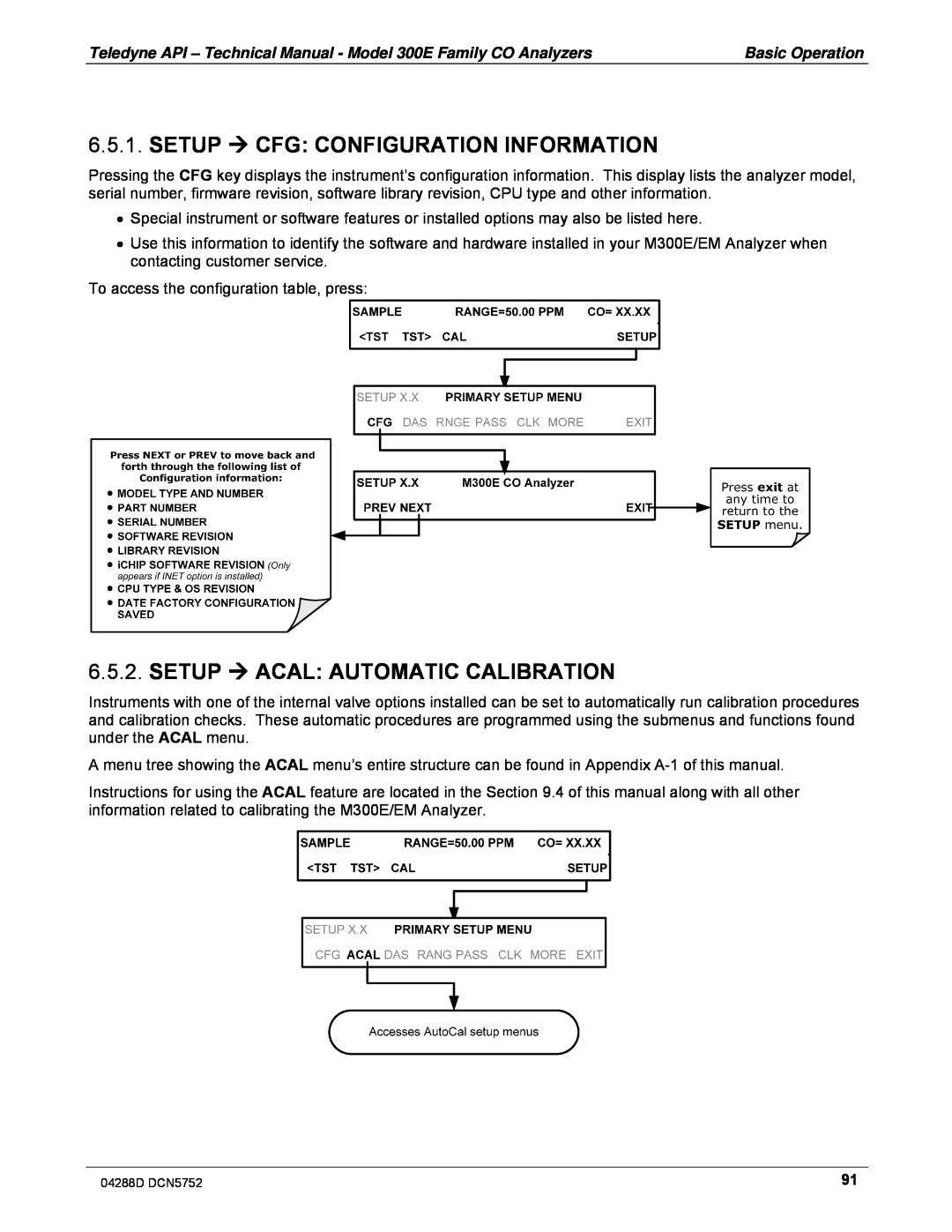 Teledyne M300EM operation manual Setup  Cfg: Configuration Information, Setup  Acal: Automatic Calibration 