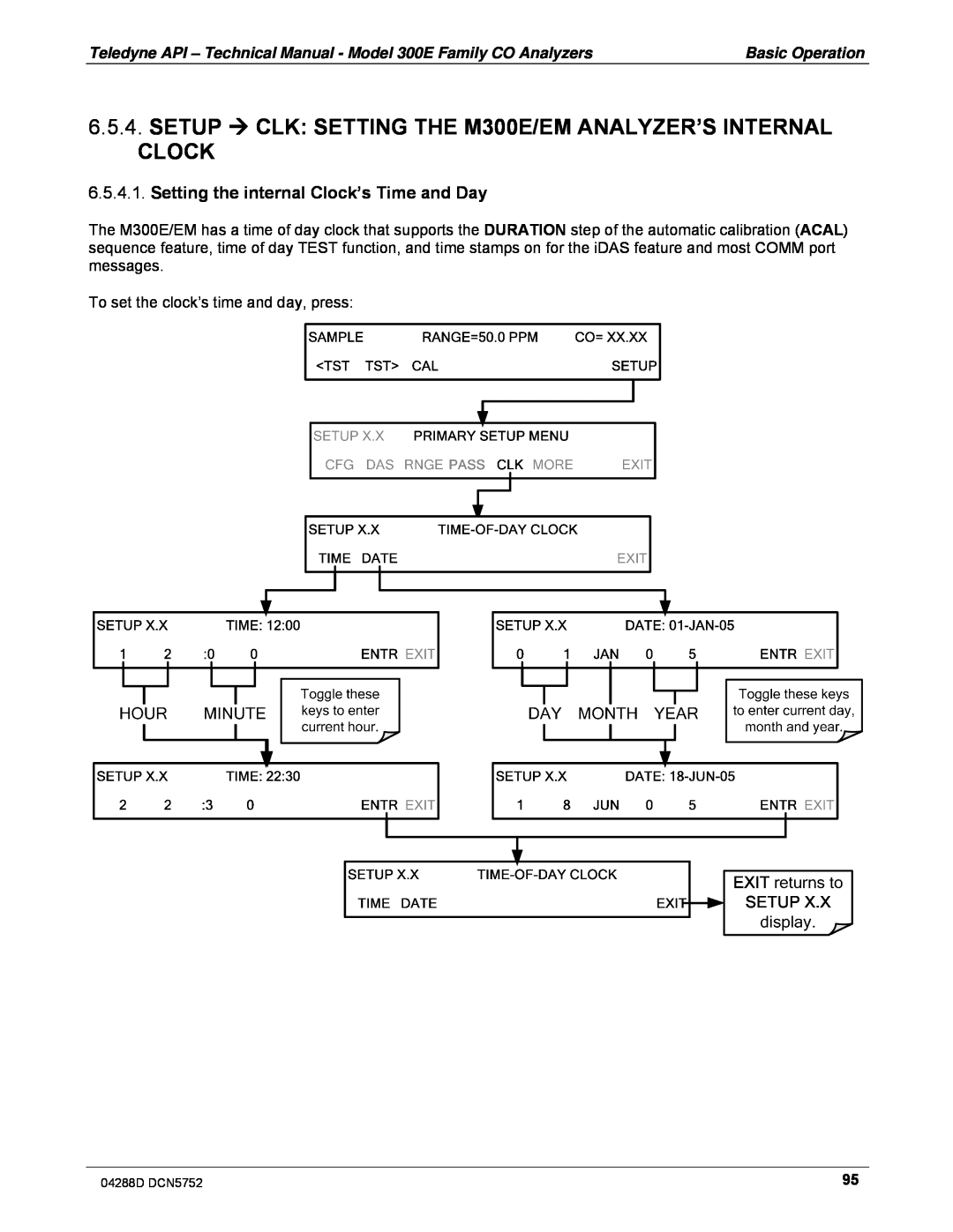 Teledyne M300EM operation manual Setting the internal Clock’s Time and Day 