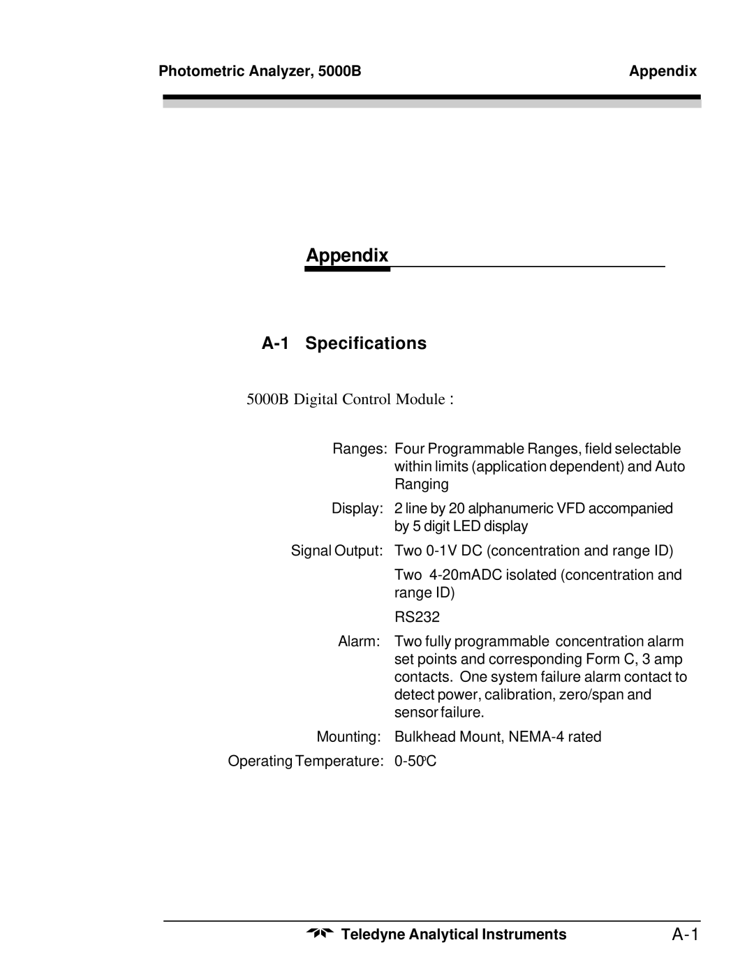 Teledyne M5000B operating instructions Specifications, Photometric Analyzer, 5000B Appendix, Operating Temperature 0-50oC 