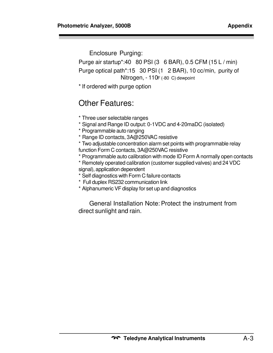 Teledyne M5000B operating instructions Other Features 