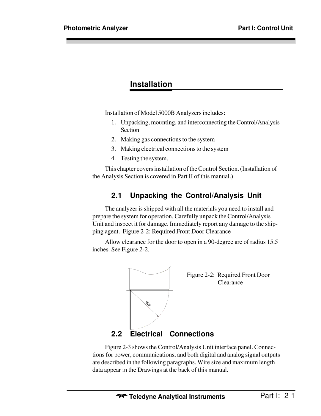 Teledyne M5000B operating instructions Installation, Unpacking the Control/Analysis Unit 