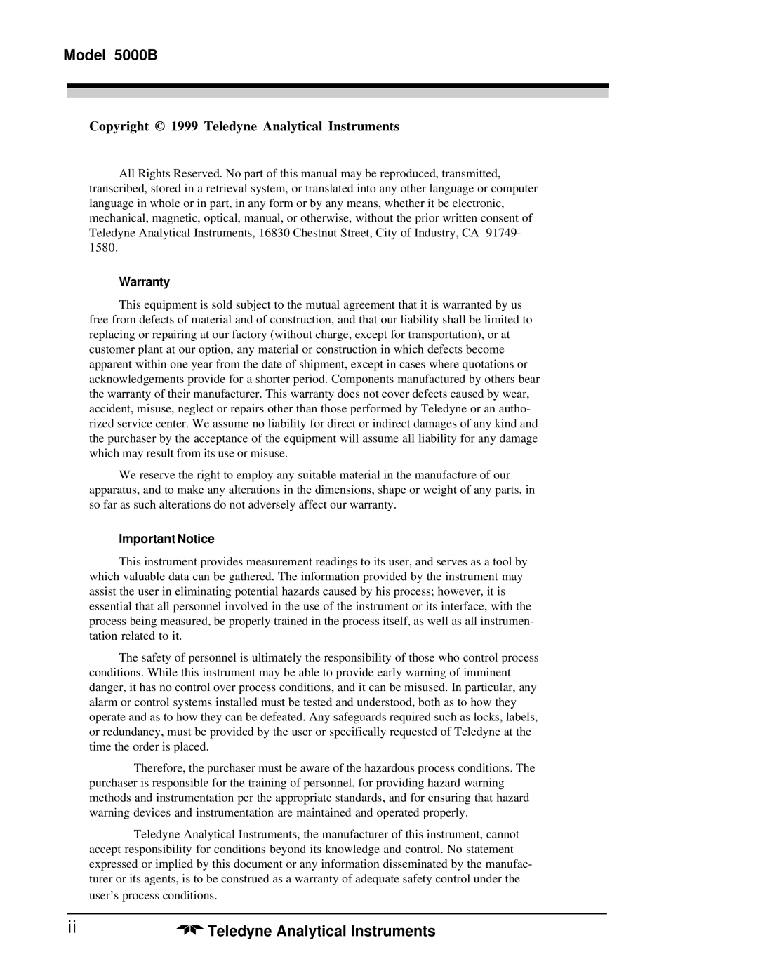 Teledyne M5000B operating instructions Model 5000B, Copyright 1999 Teledyne Analytical Instruments 