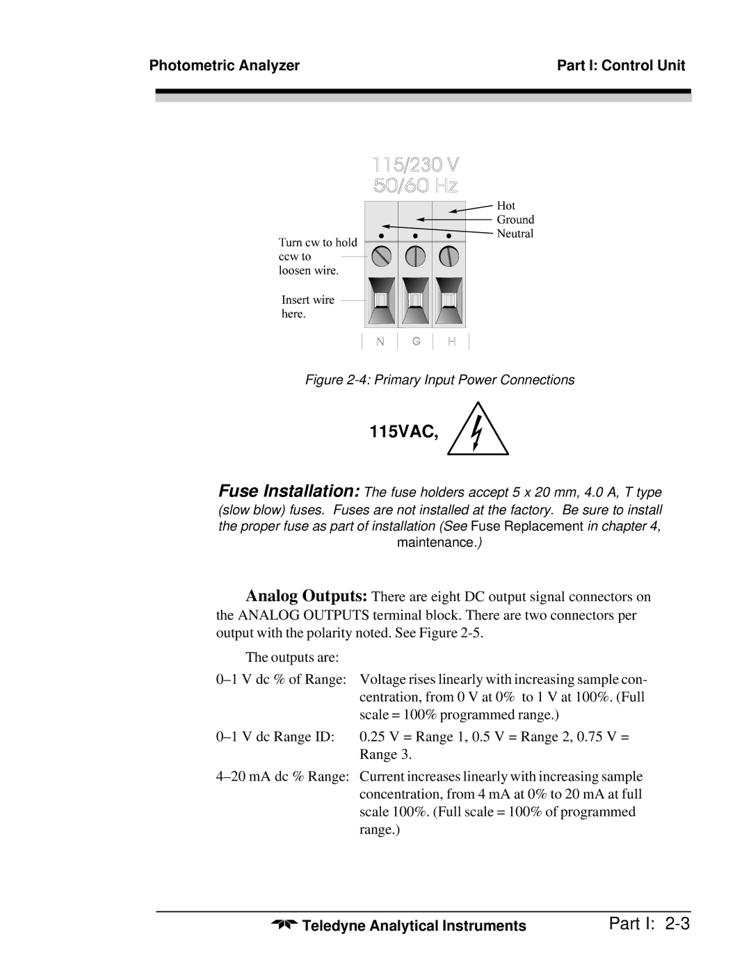 Teledyne M5000B operating instructions 115VAC, Primary Input Power Connections 