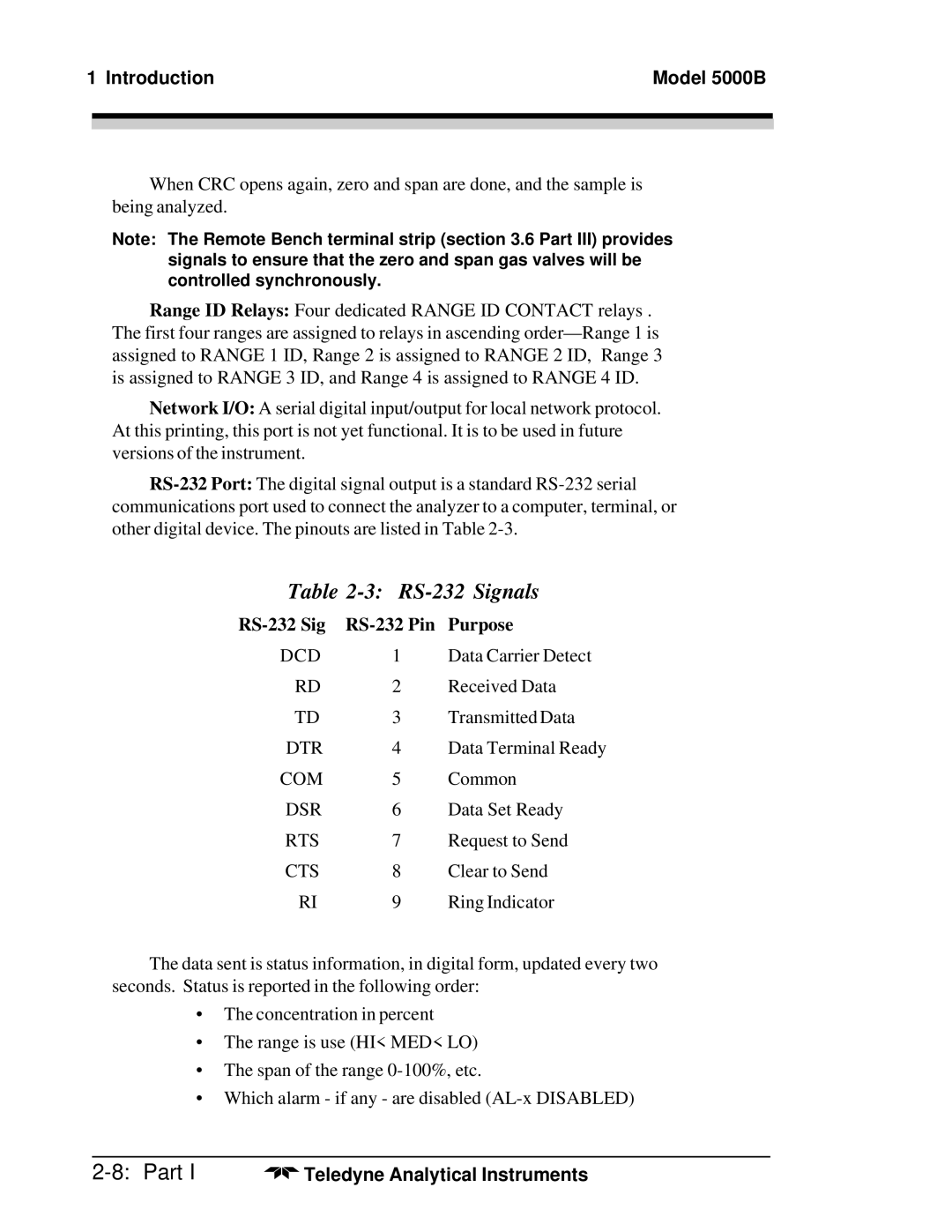 Teledyne M5000B operating instructions RS-232 Signals, RS-232 Sig RS-232 Pin Purpose 