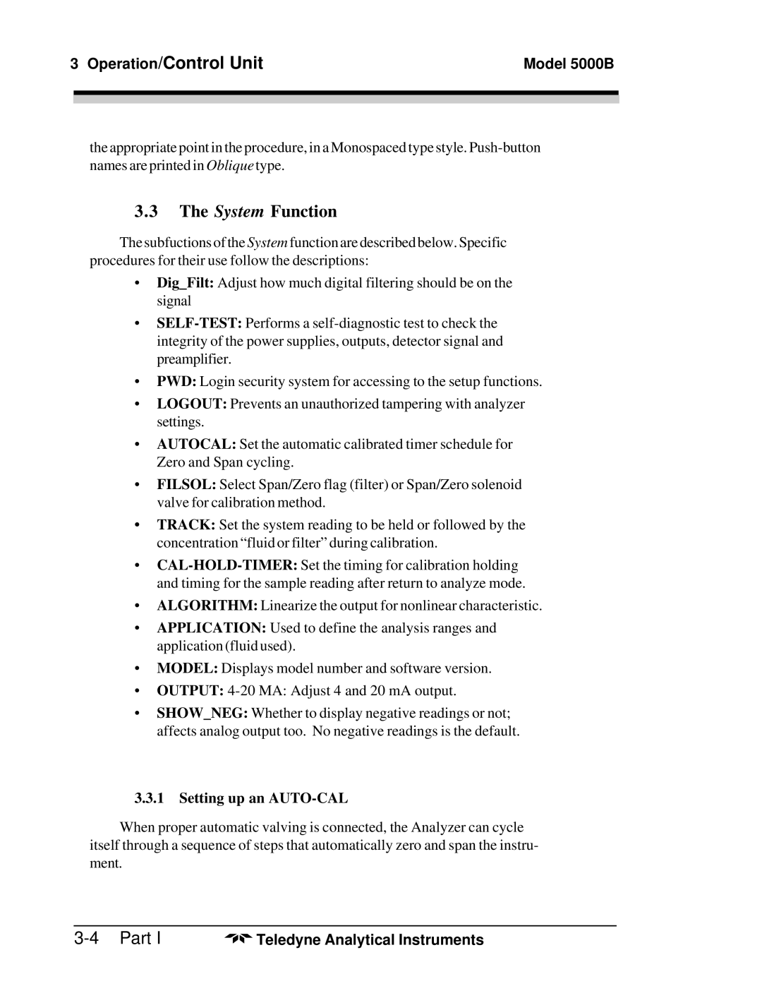 Teledyne M5000B operating instructions System Function, Setting up an AUTO-CAL 