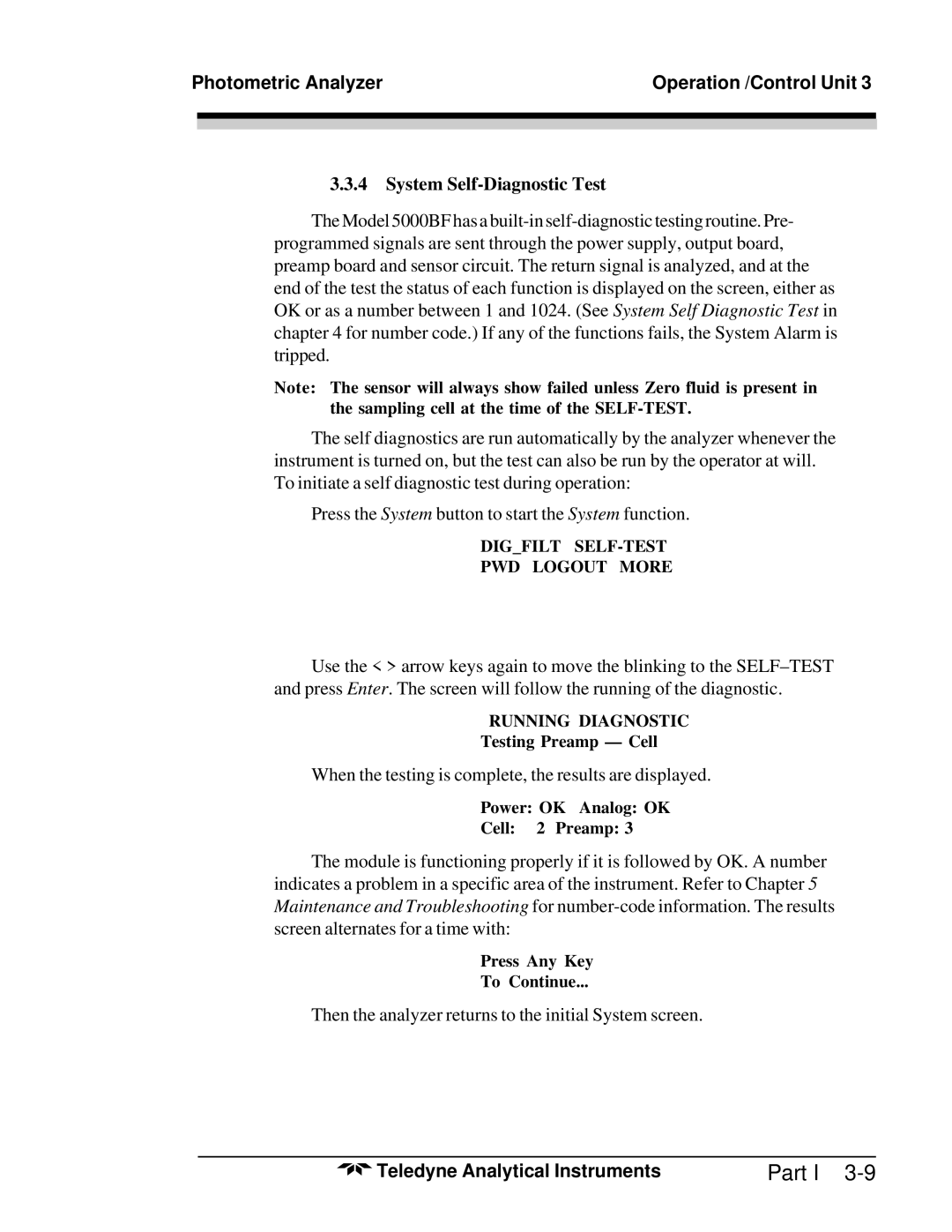 Teledyne M5000B operating instructions System Self-Diagnostic Test 