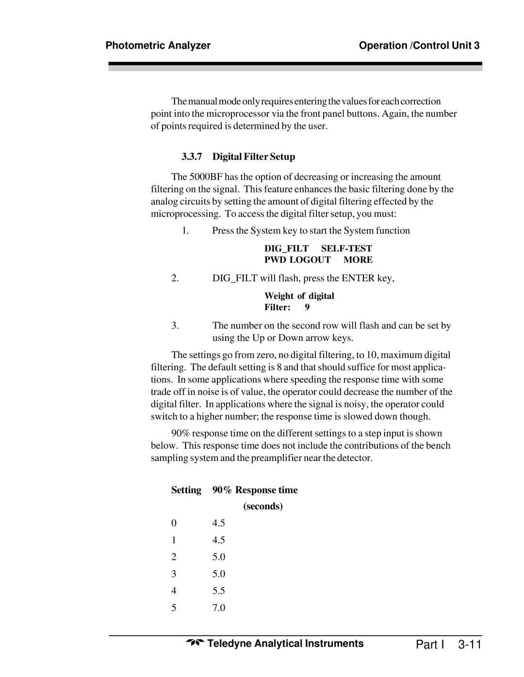 Teledyne M5000B operating instructions Digital Filter Setup, Setting 90% Response time seconds 