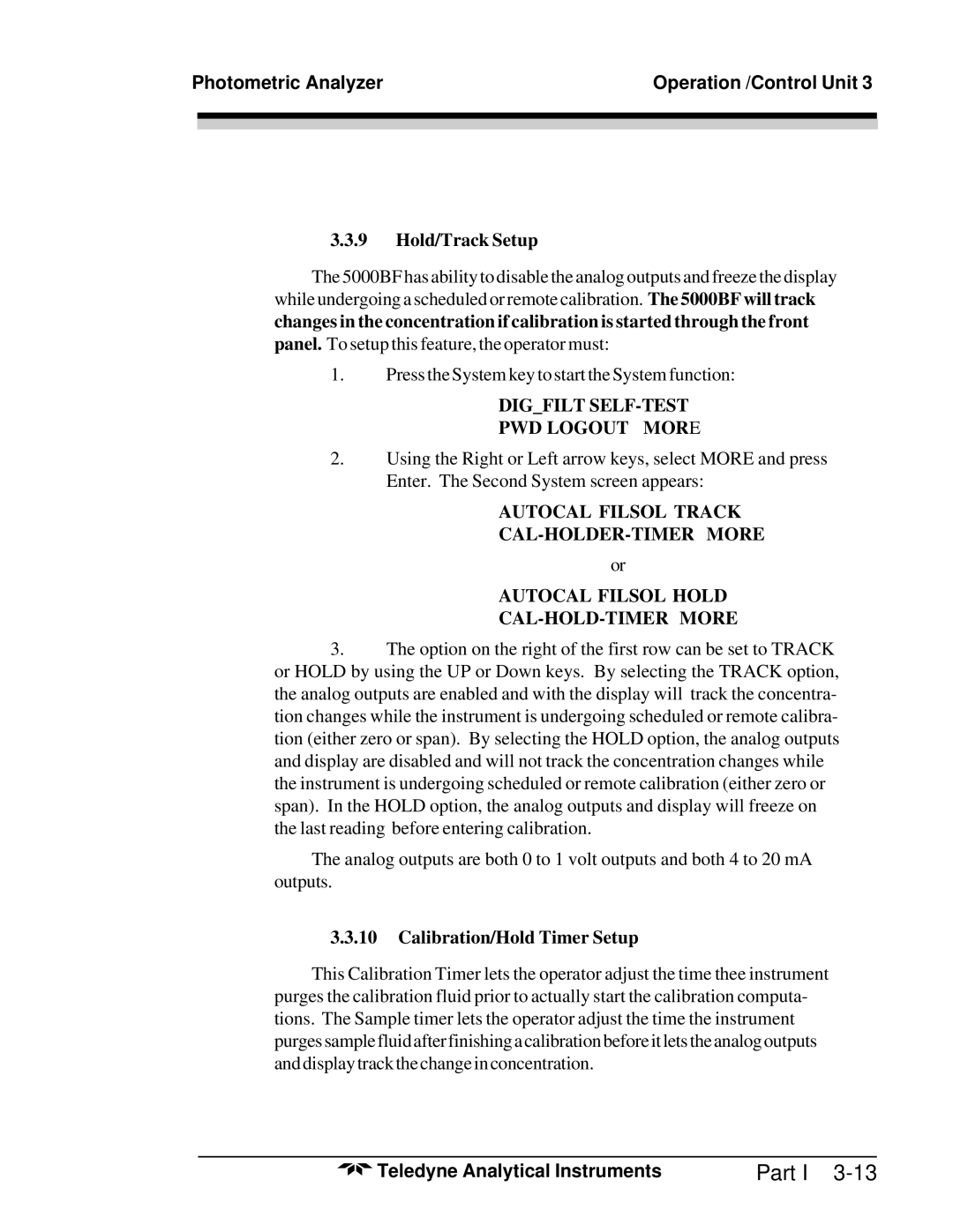 Teledyne M5000B operating instructions Hold/Track Setup, Calibration/Hold Timer Setup 