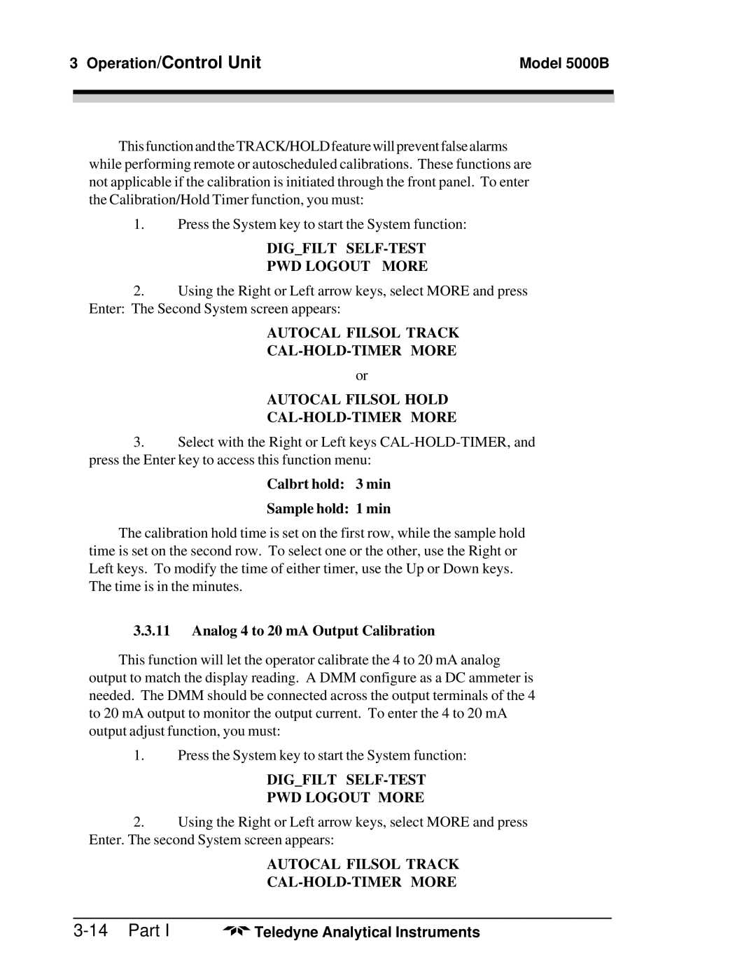 Teledyne M5000B operating instructions Calbrt hold 3 min Sample hold 1 min, Analog 4 to 20 mA Output Calibration 