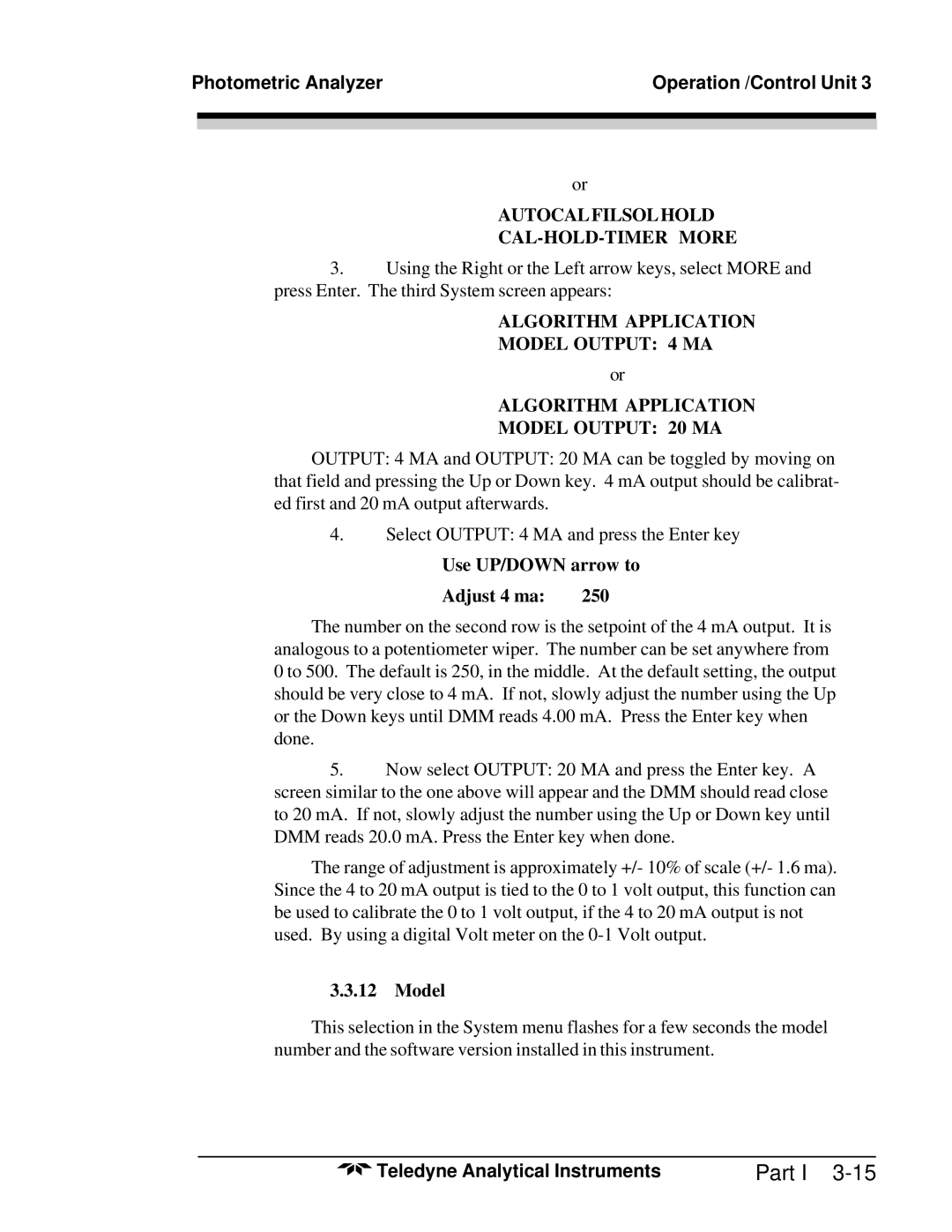 Teledyne M5000B operating instructions Use UP/DOWN arrow to Adjust 4 ma 250, Model 