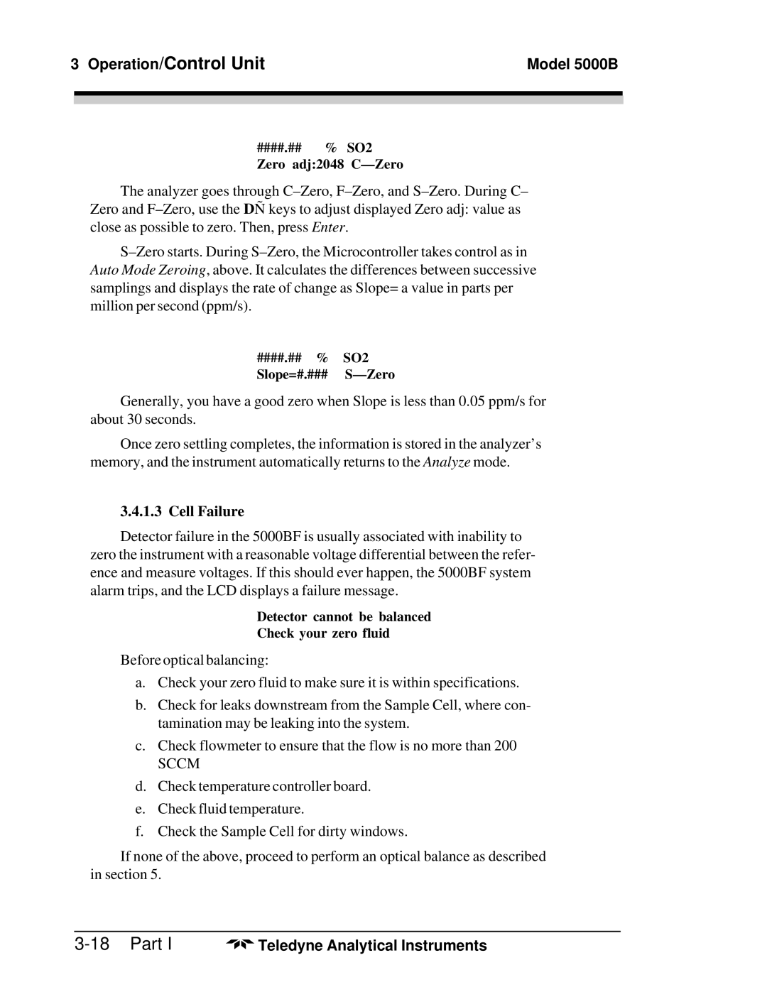 Teledyne M5000B operating instructions Cell Failure, Sccm 