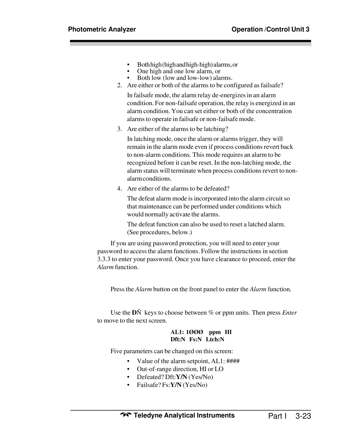 Teledyne M5000B operating instructions AL1 1ØØØ ppm HI DftN FsN LtchN 