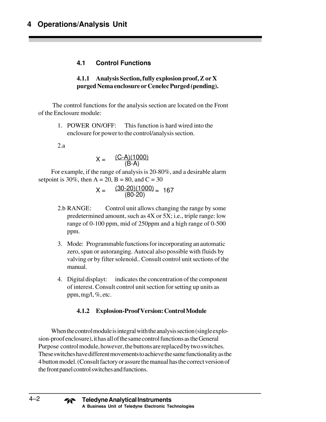 Teledyne M5000B operating instructions Control Functions, Explosion-ProofVersionControlModule 