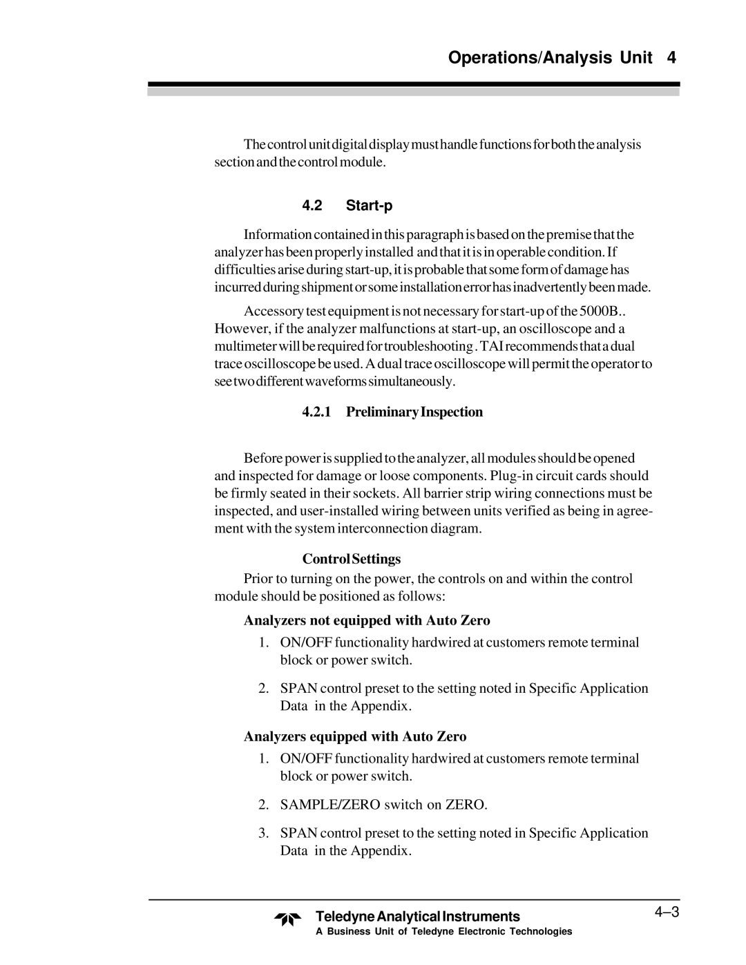 Teledyne M5000B Start-p, PreliminaryInspection, Control Settings, Analyzers not equipped with Auto Zero 