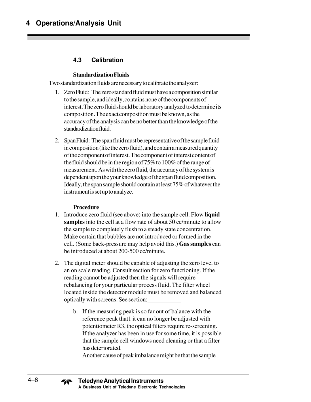 Teledyne M5000B operating instructions Calibration, StandardizationFluids, Procedure 