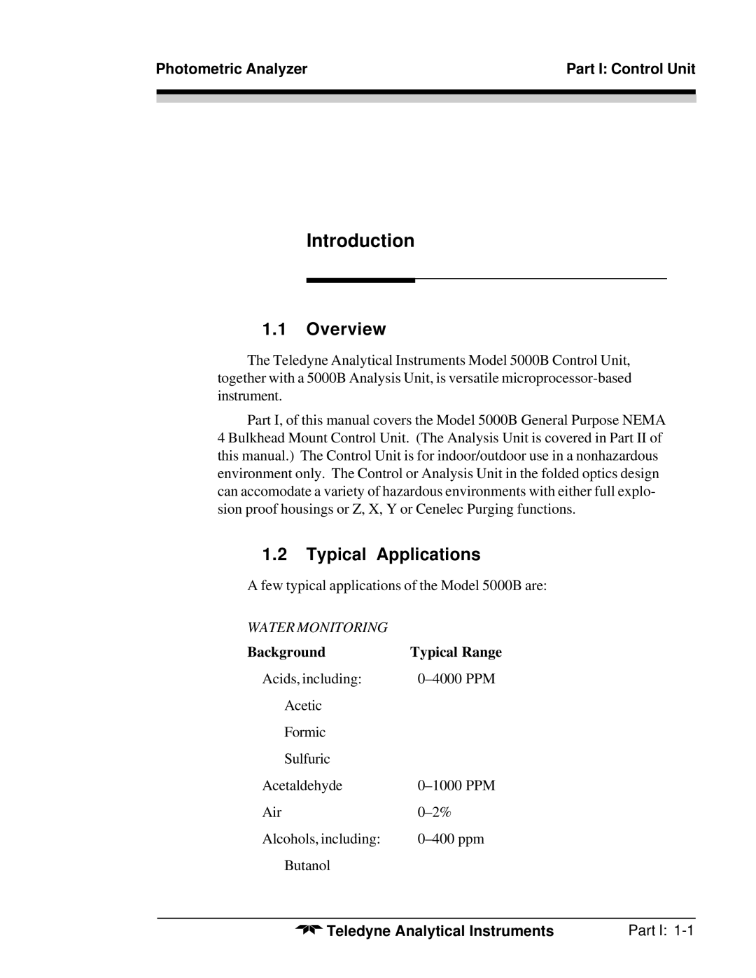 Teledyne M5000B operating instructions Overview, Typical Applications, Photometric Analyzer Part I Control Unit 