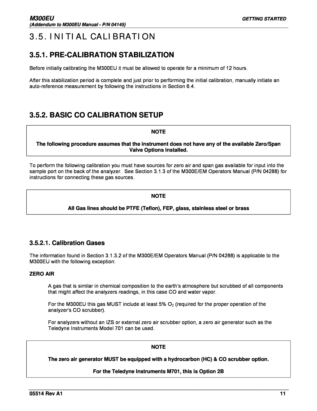 Teledyne Model 300EU Initial Calibration, Pre-Calibration Stabilization, Basic Co Calibration Setup, Calibration Gases 