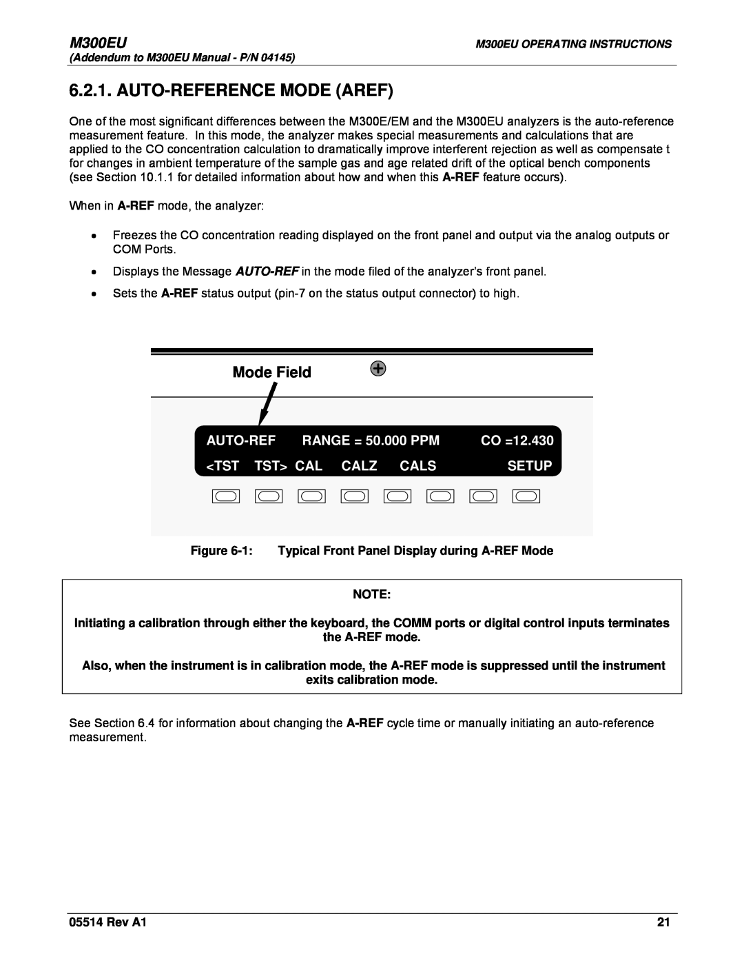 Teledyne Model 300EU Auto-Reference Mode Aref, Mode Field, M300EU, AUTO-REF RANGE = 50.000 PPM, CO =12.430, Setup, Rev A1 