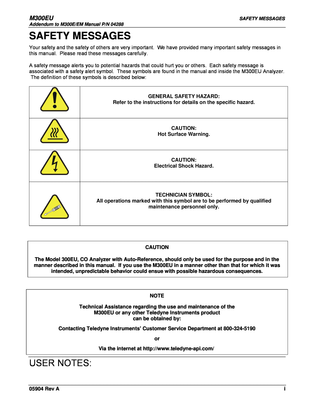 Teledyne Model 300EU manual Safety Messages, User Notes, M300EU, General Safety Hazard, Hot Surface Warning, Rev A 