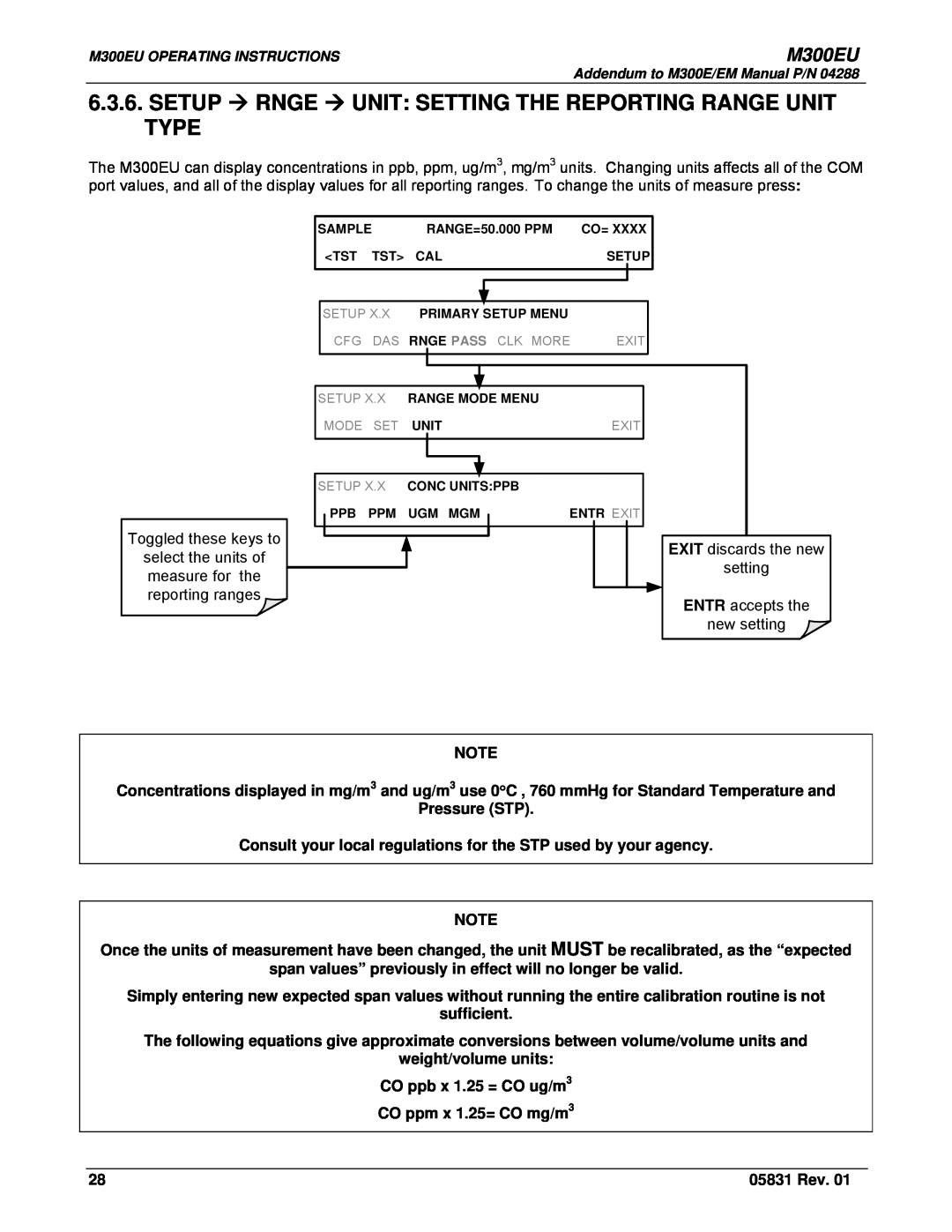 Teledyne Model 300EU manual Setup Æ Rnge Æ Unit Setting The Reporting Range Unit Type, M300EU, Pressure STP, sufficient 