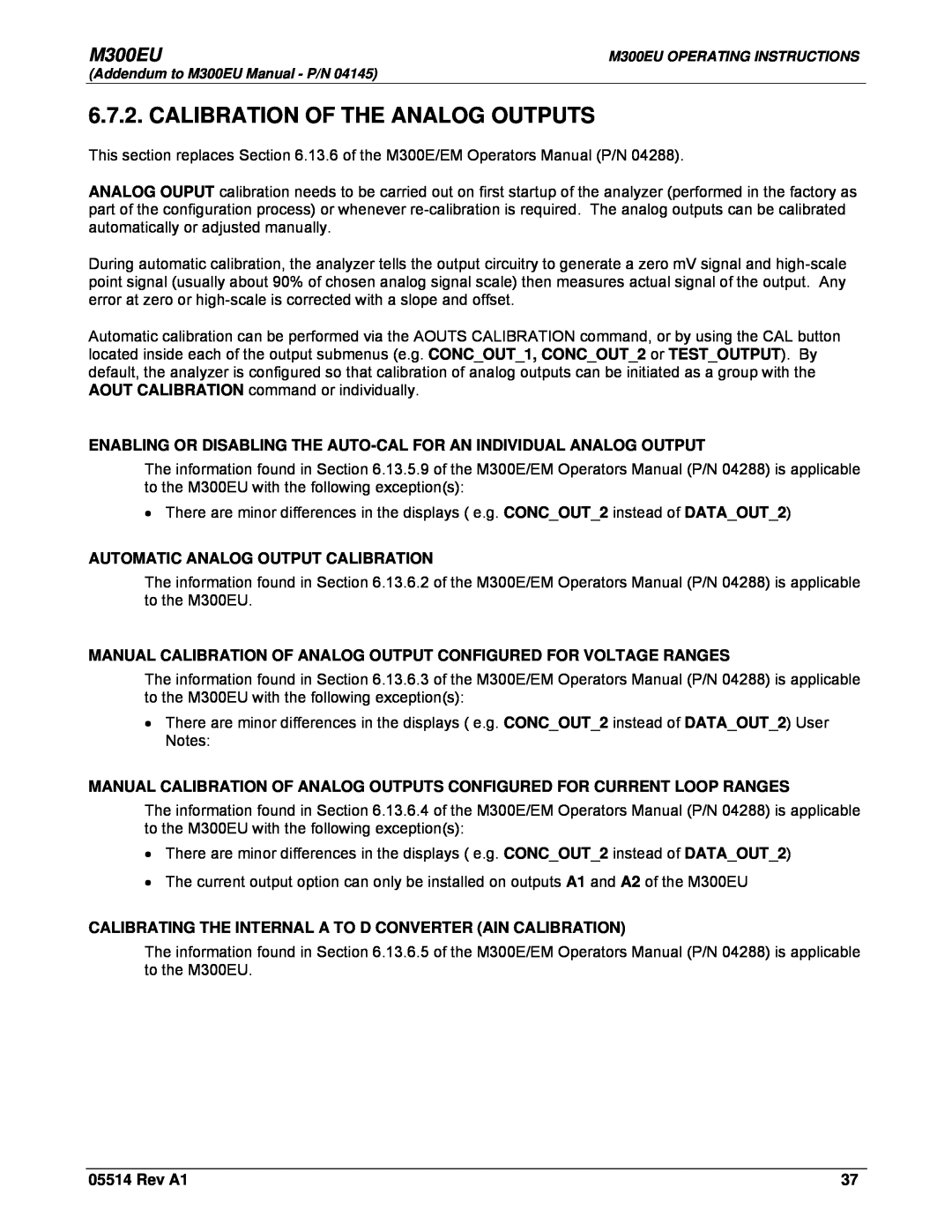 Teledyne Model 300EU manual Calibration Of The Analog Outputs, M300EU, Automatic Analog Output Calibration, Rev A1 