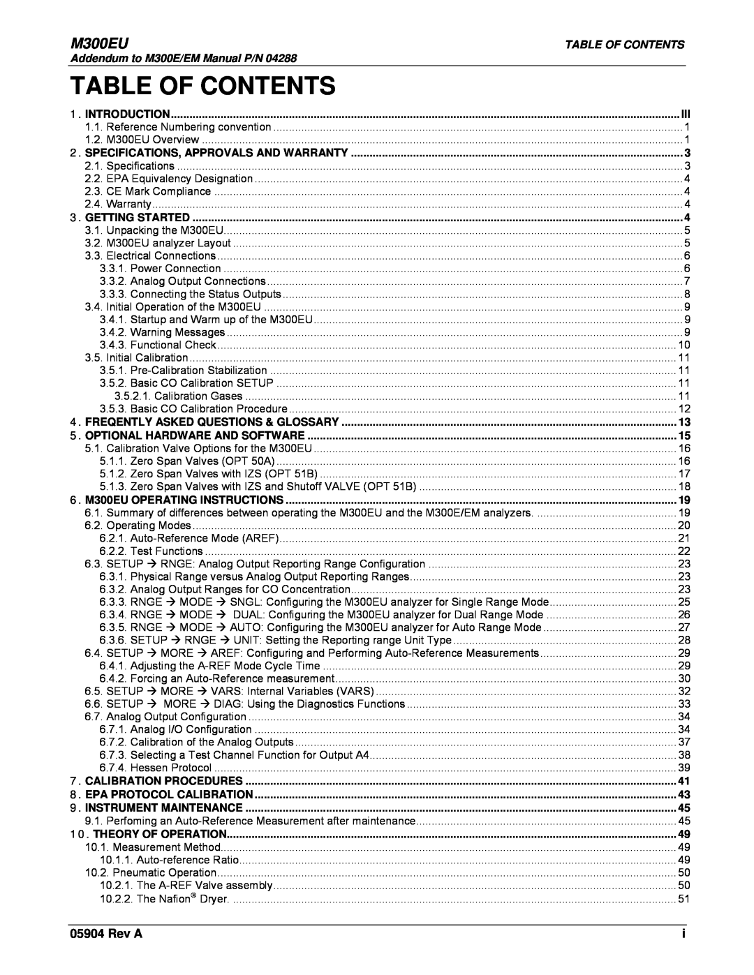 Teledyne Model 300EU manual Table Of Contents, M300EU, Rev A 