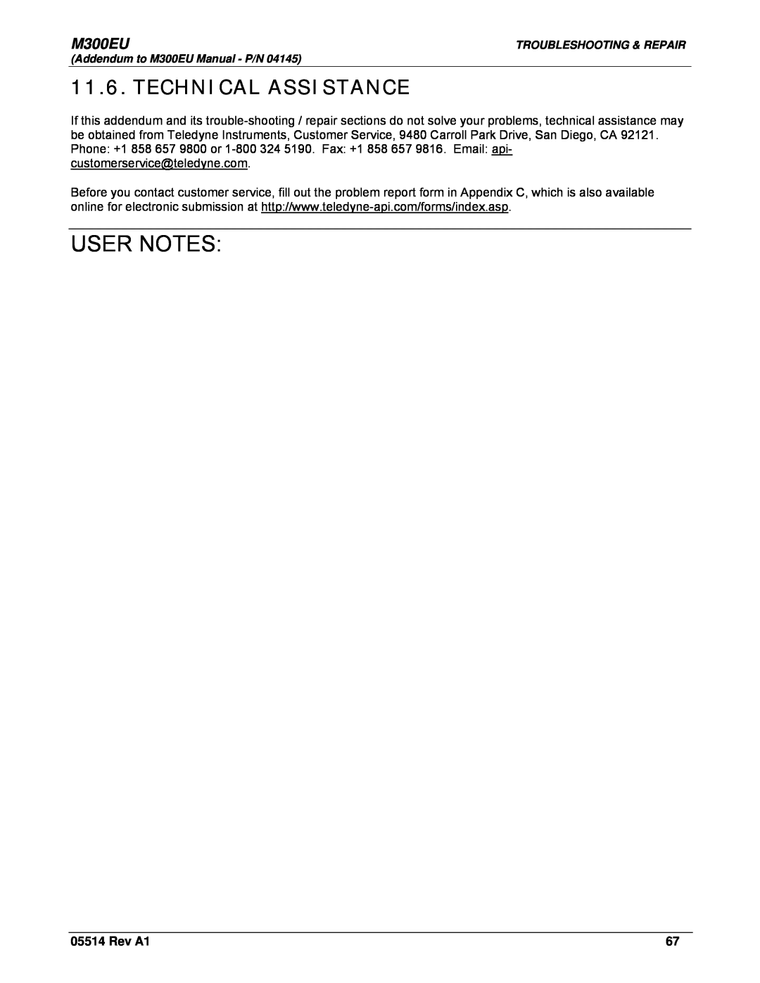Teledyne Model 300EU manual Technical Assistance, User Notes, M300EU, Rev A1 