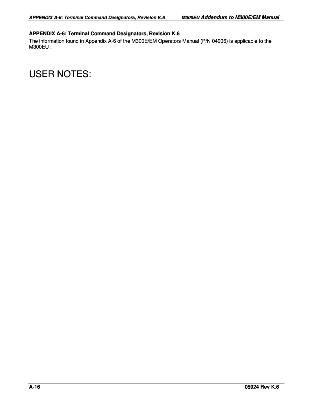 Teledyne Model 300EU manual User Notes, M300EU Addendum to M300E/EM Manual, A-16, Rev K.6 