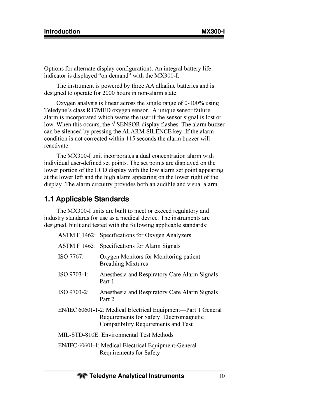 Teledyne manual Applicable Standards, Introduction MX300-I 