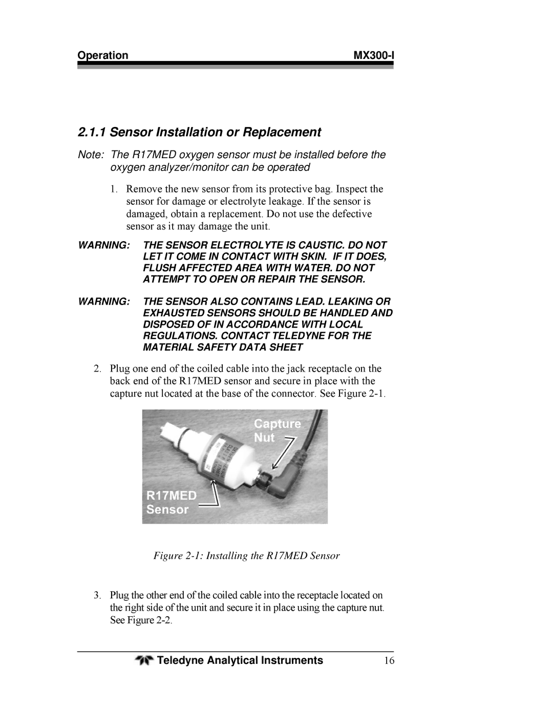 Teledyne MX300-I manual Sensor Installation or Replacement, Installing the R17MED Sensor 