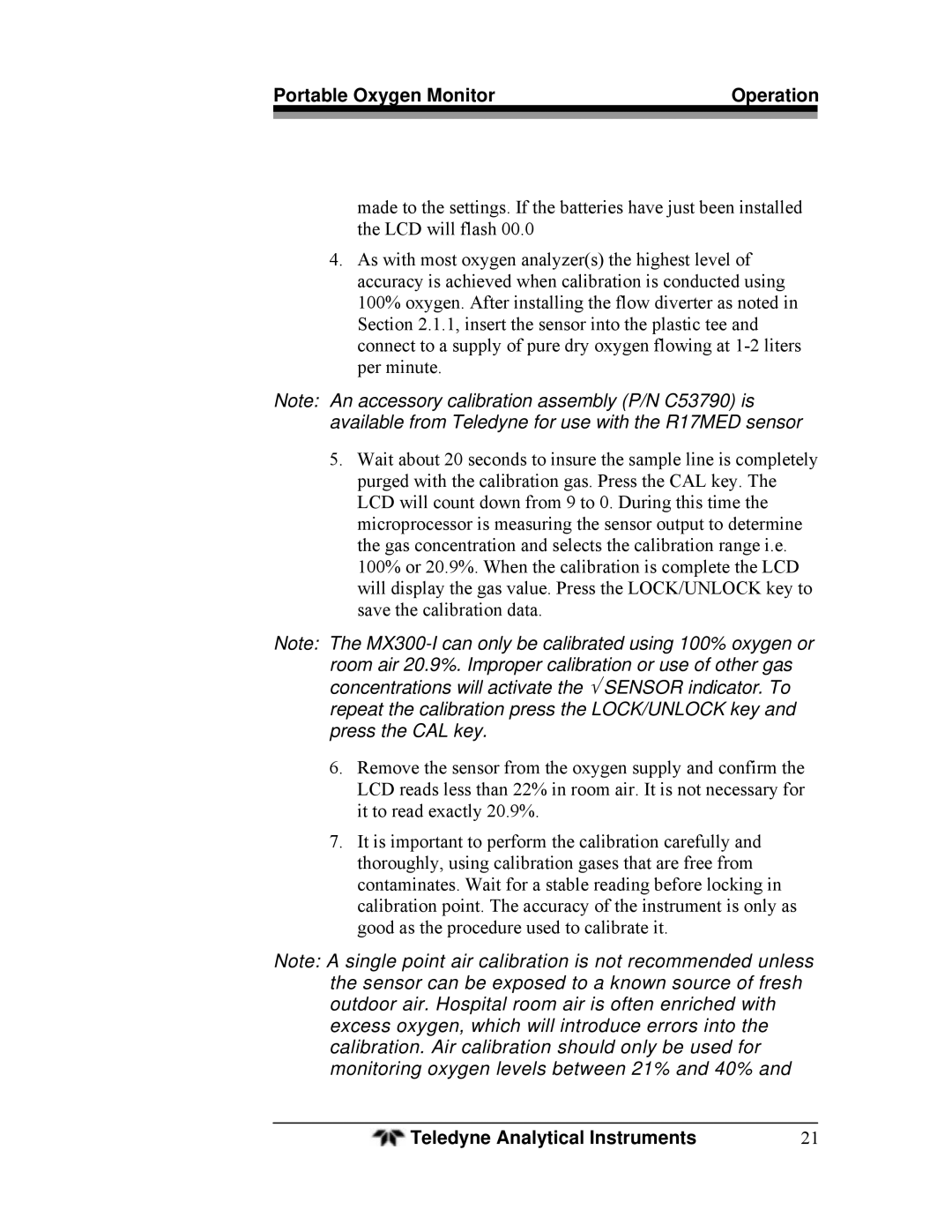 Teledyne MX300-I manual Portable Oxygen Monitor Operation 