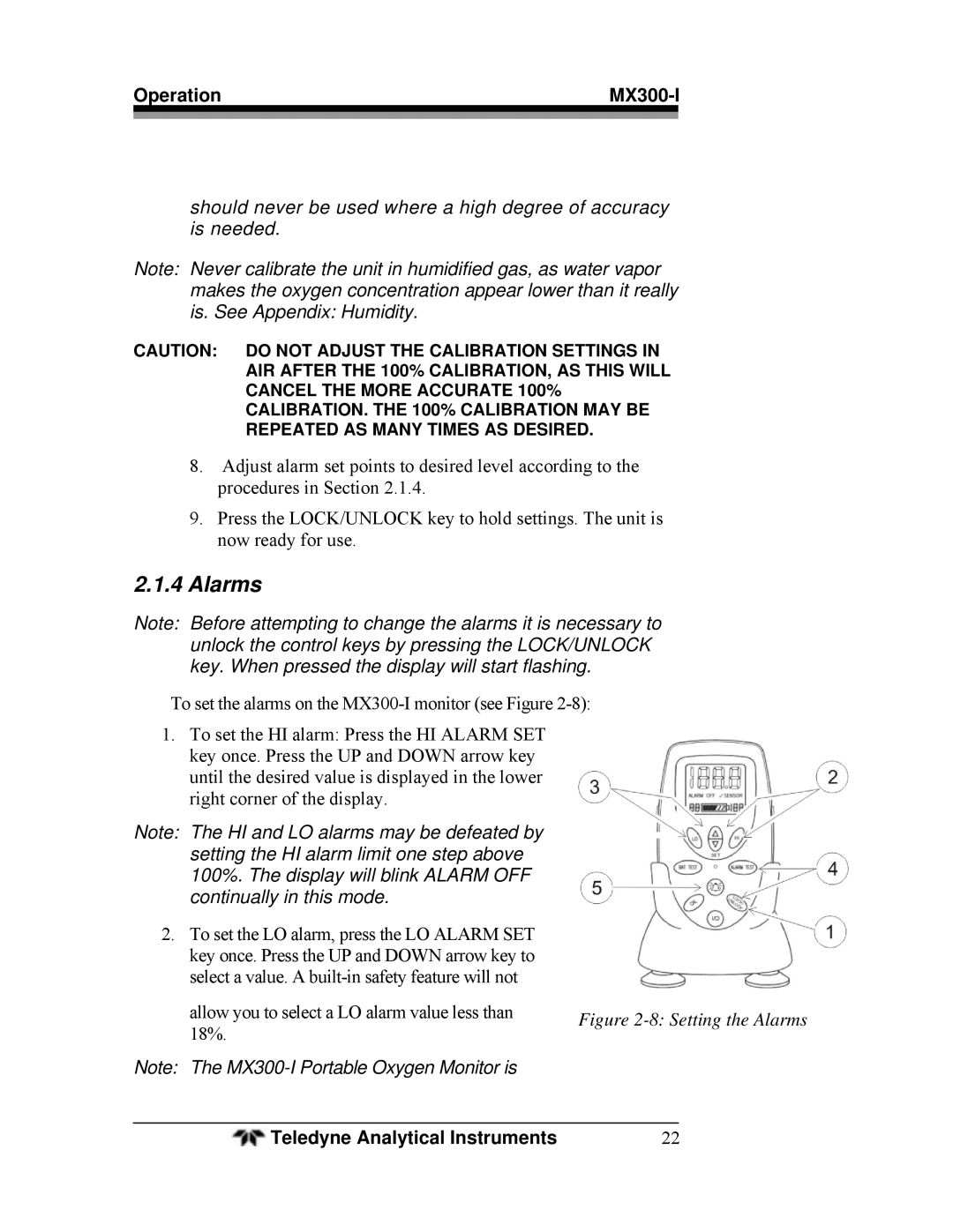 Teledyne MX300-I manual Setting the Alarms 