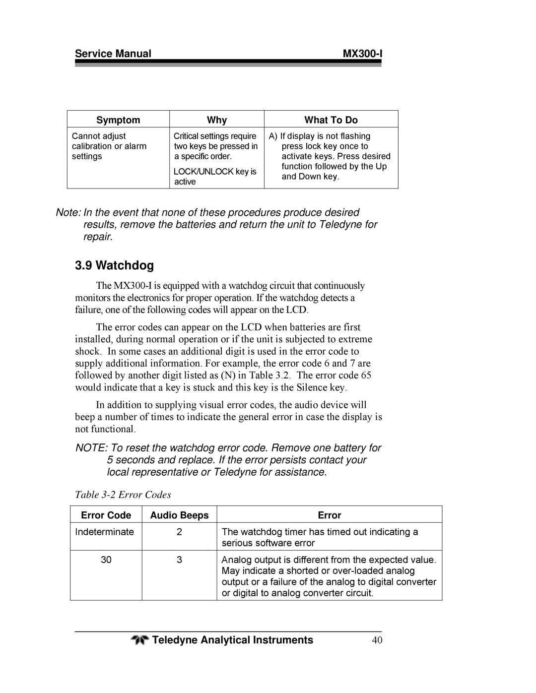 Teledyne MX300-I manual Watchdog, Error Codes 