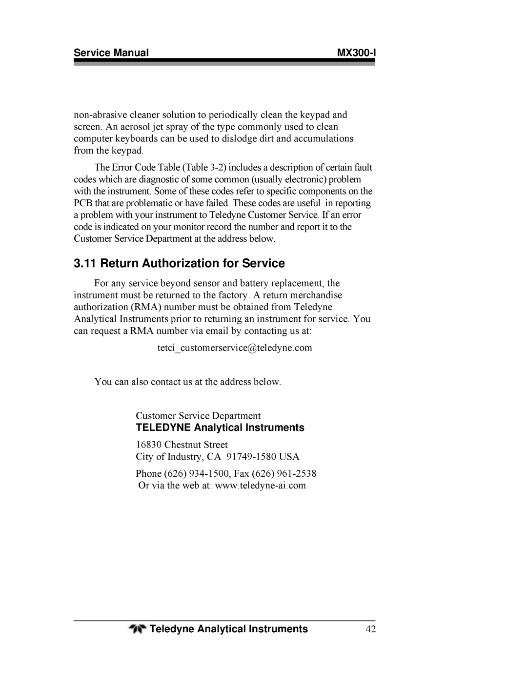 Teledyne MX300-I manual Return Authorization for Service 