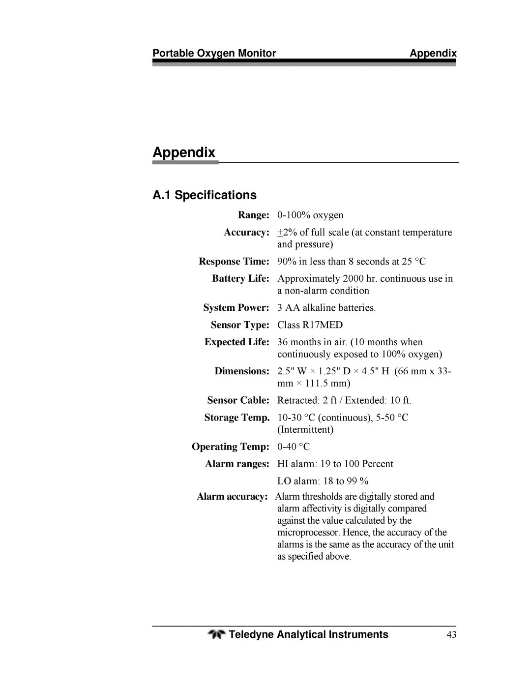 Teledyne MX300-I manual Appendix, Specifications 