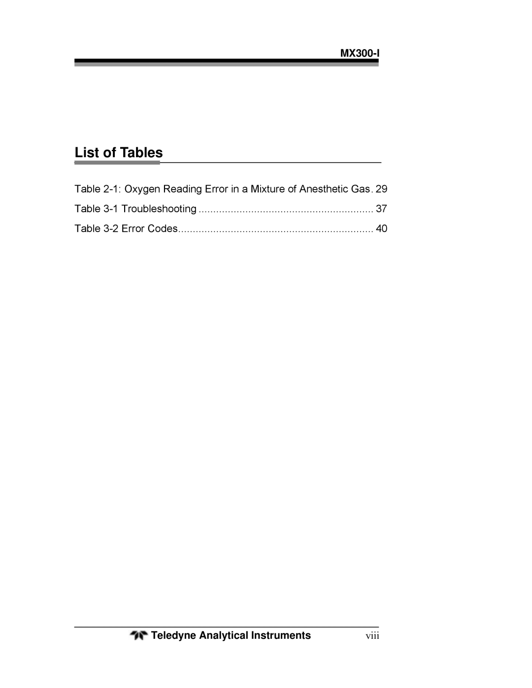 Teledyne MX300-I manual List of Tables 