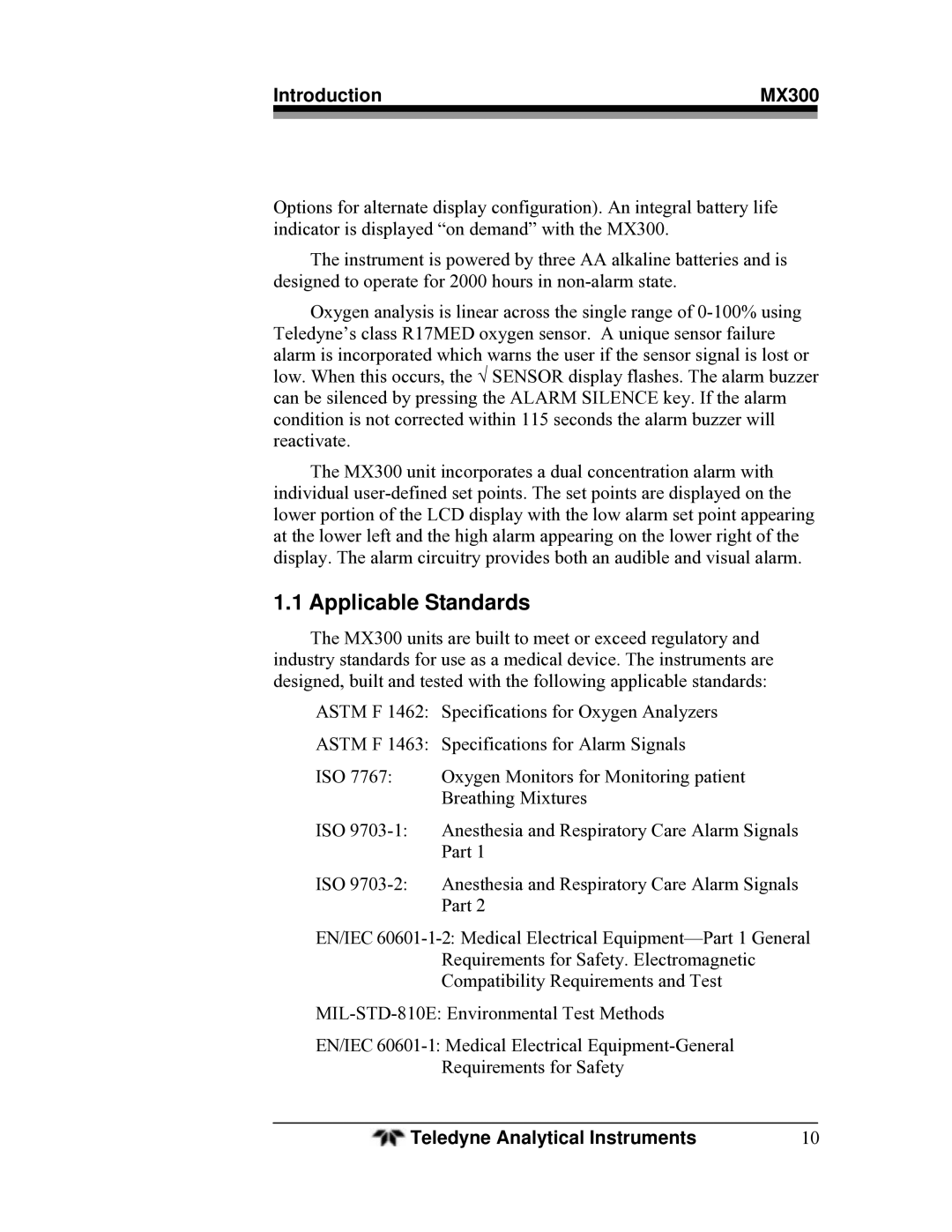 Teledyne MX300 manual Applicable Standards 