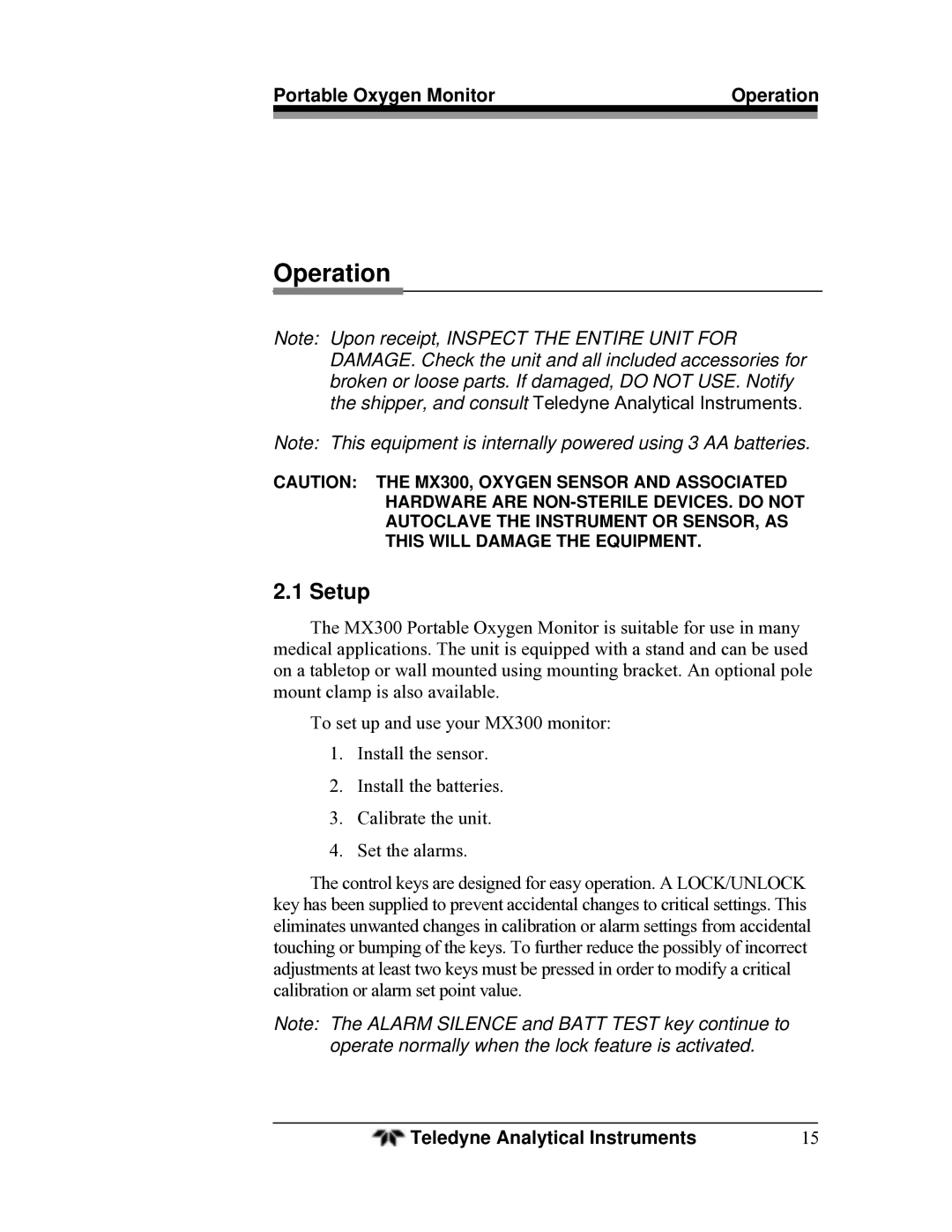 Teledyne MX300 manual Operation, Setup 