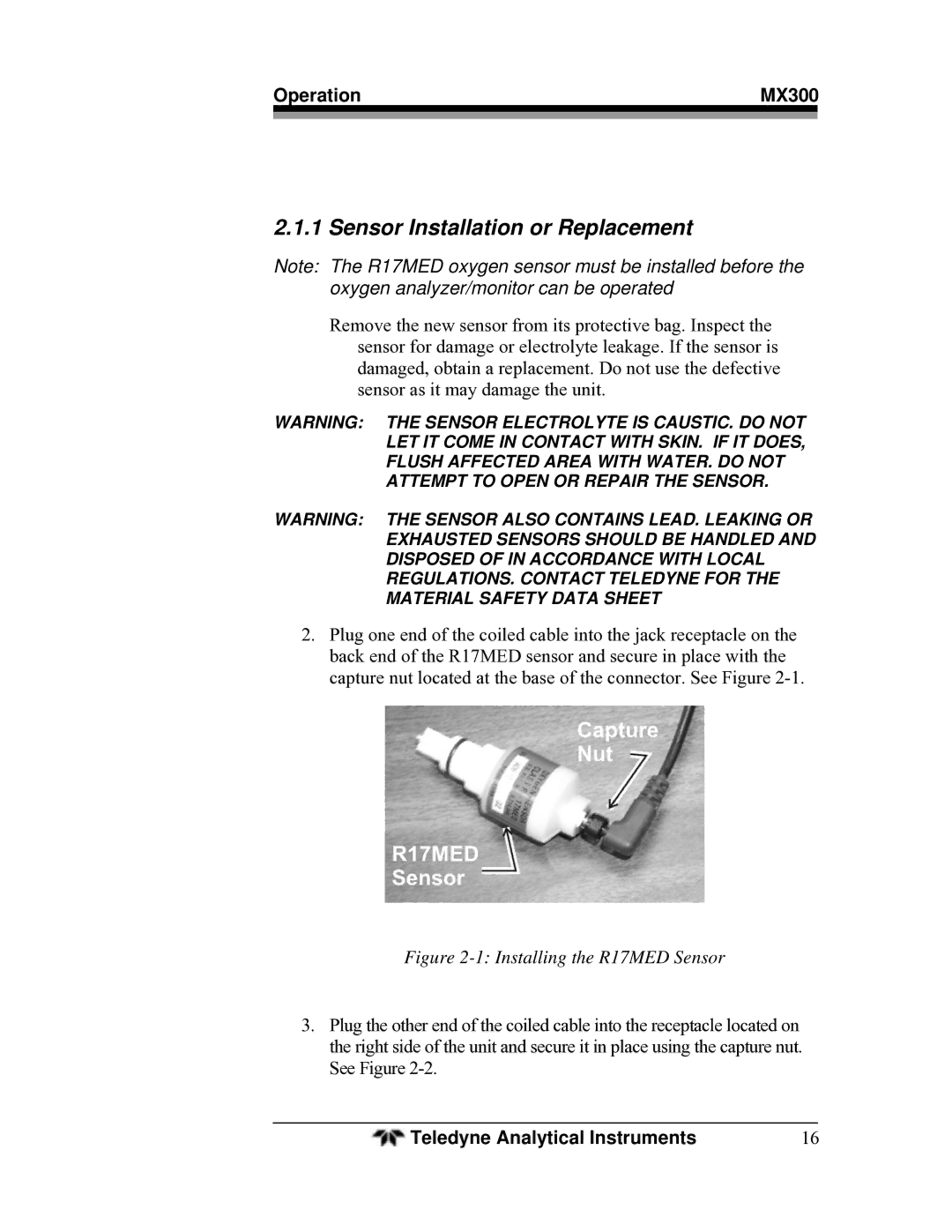 Teledyne MX300 manual Sensor Installation or Replacement, Installing the R17MED Sensor 