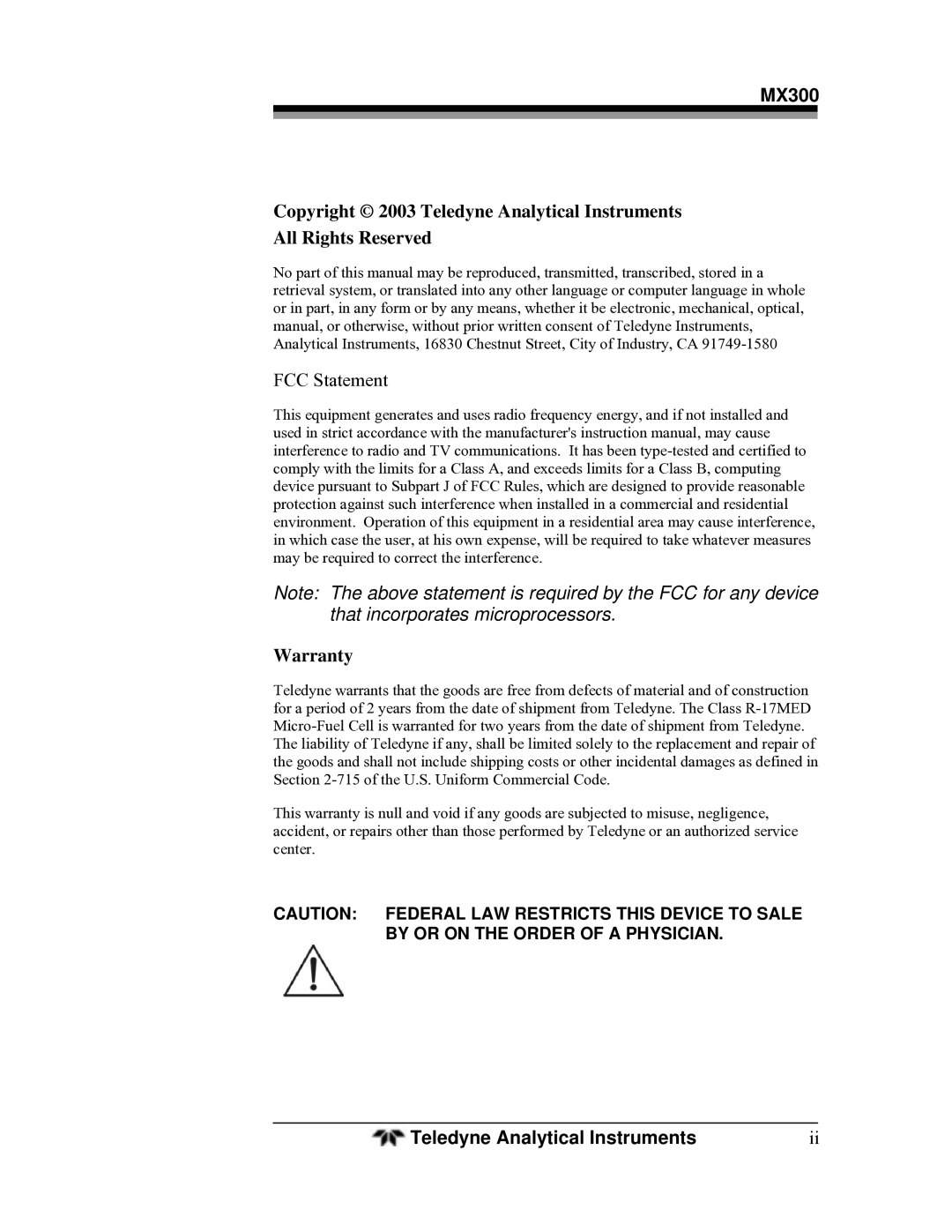 Teledyne MX300 manual 