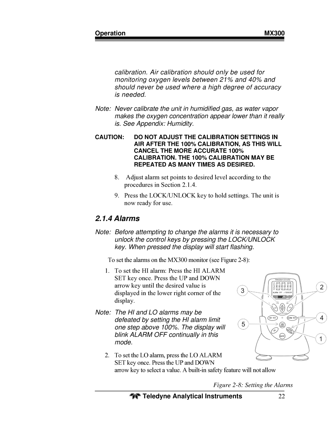 Teledyne MX300 manual Setting the Alarms 