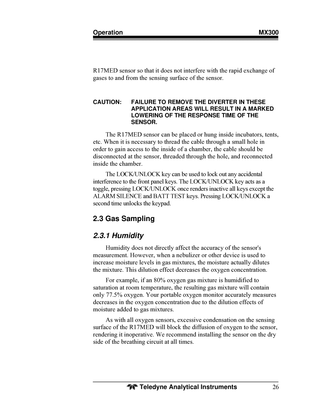 Teledyne MX300 manual Gas Sampling, Humidity 